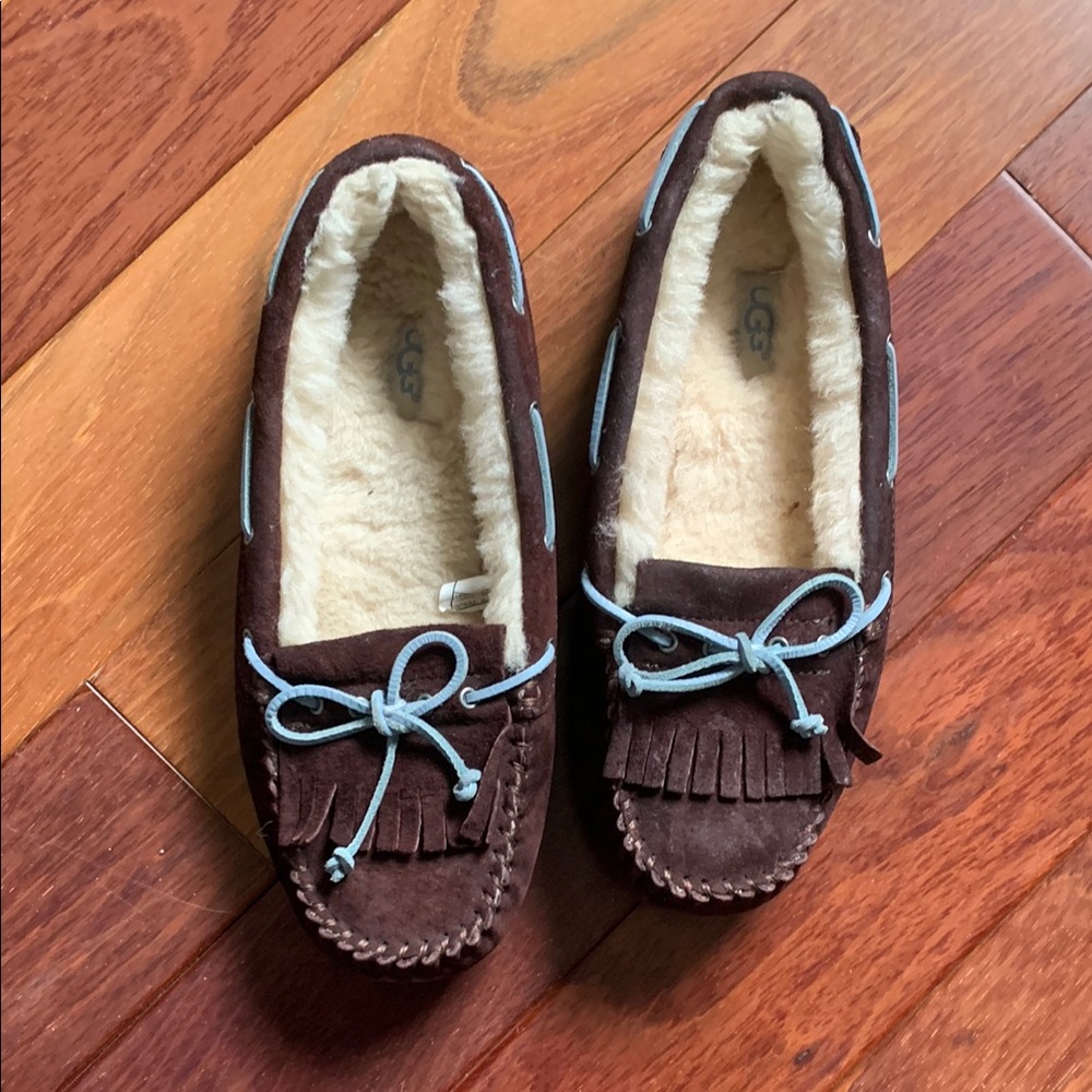 UGG Brown Suede Moccasins with Blue Accents